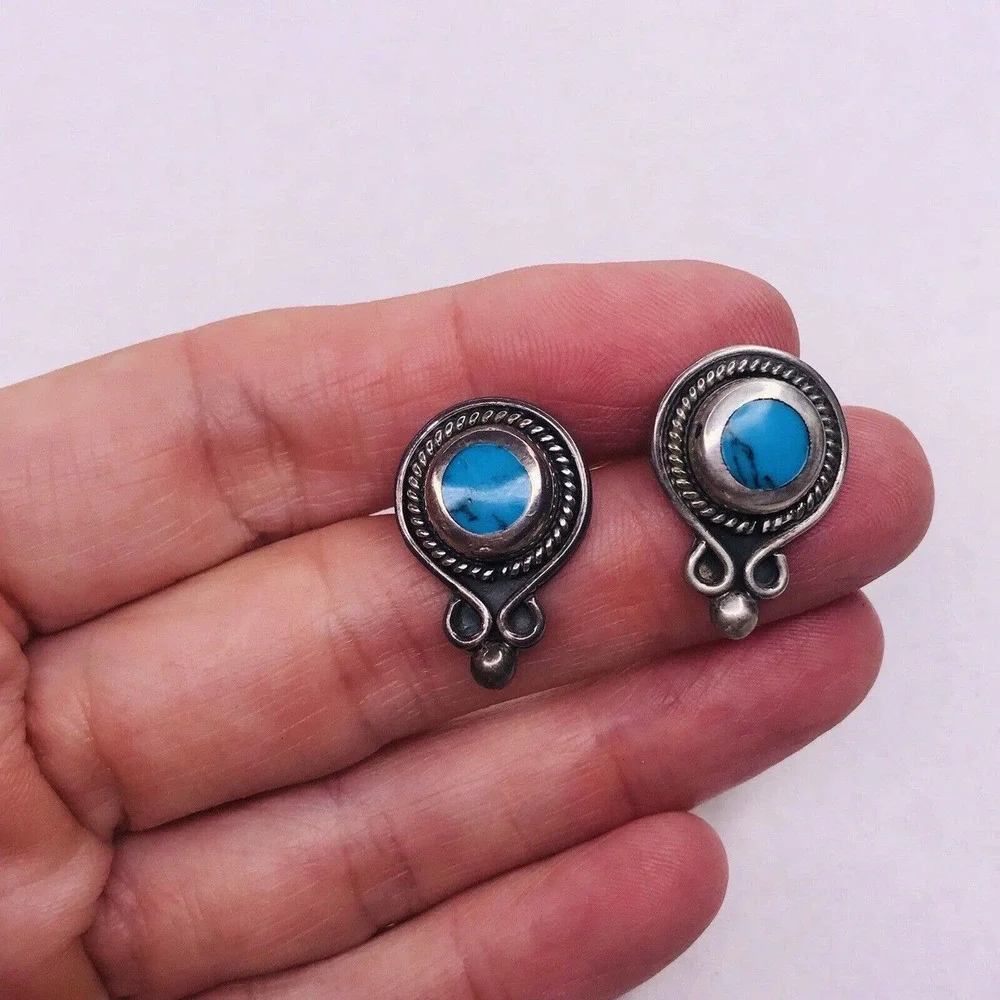 Sterling Silver Earrings Turquoise Blue Post Stud Twisted Rope Mexico 925